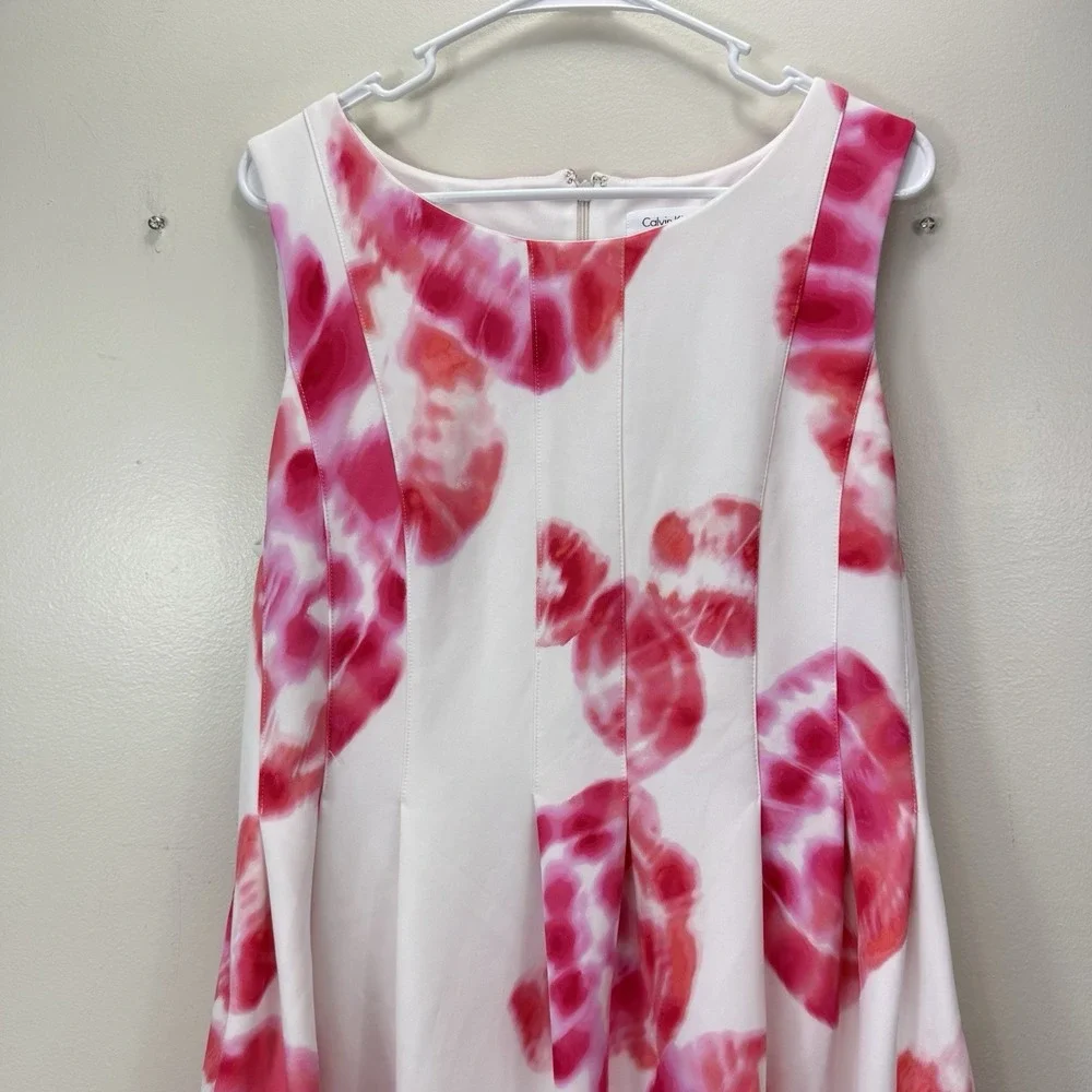 Calvin Klein Pink Tie Dye Floral Scuba Knit‎ Sleeveless Flare Dress Pockets 14
